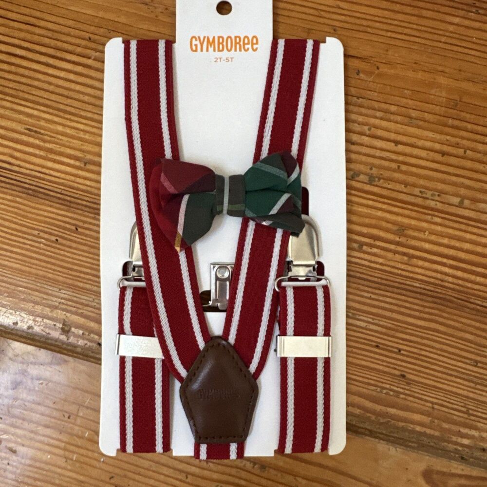 GYMBOREE Plaid Red CHAMBRAY ADJUSTABLE FORMAL /CASUAL SUSPENDER & TIE SET 2T-5T